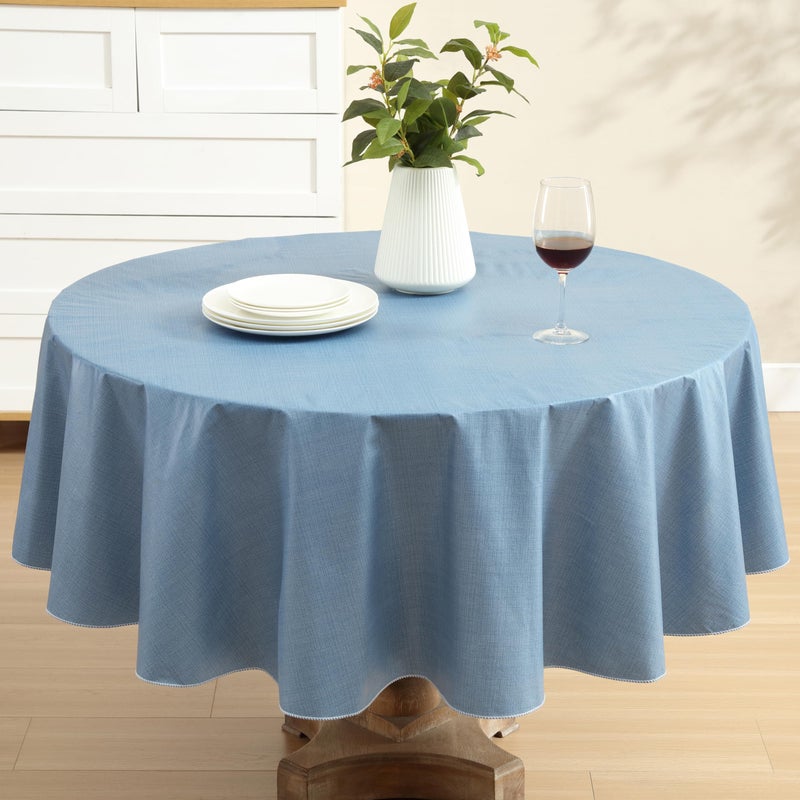 Lintex Cafe Hotel Linen Look Vinyl Flannel Backed Tablecloth, Heavyweight 4 Gauge, 70 Inch Round, Chambray Blue Indoor Outdoor Waterproof Wipe Clean Table Cover - Image 1